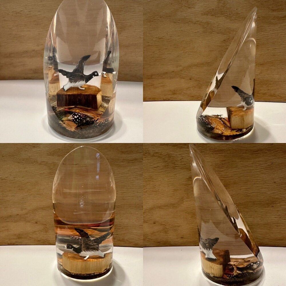 Vtg  Resin Lucite Paperweight Diorama Goose Wood Twigs Dried Leaves Waterfowl